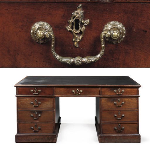 A George III mahogany pedestal desk. Attributed to Thomas Chippendale, circa 1770. Sold for £96,000 in November 2007 at Christie’s London. The pedestal desk is of a pattern associated with the ‘Library Table’ supplied to William Crichton-Dalrymple, 5th Earl of Dumfries (1699-1768), for Dumfries House, Ayrshire, by Thomas Chippendale