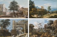 Peasants working near a farm, with a Venetian villa in the background; A capriccio with antique ruins, a triumphal arch and a statue of a lion; A hilly landscape with a medieval tower and figures in the foreground; and Woodcutters in a wooded landscape