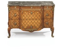 A LATE LOUIS XV OMOLU-MOUNTED TULIPWOOD, ROSEWOOD, AMARANTH, MARQUETRY AND PARQUETRY COMMODE