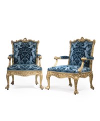 A PAIR OF GEORGE III GILTWOOD ARMCHAIRS