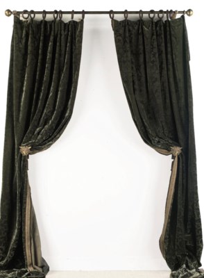 Three Pairs Of Dutch Green Pressed Velvet Curtains Circa