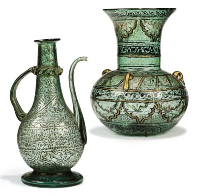A Gilt And Enamelled Clear Glass Mosque Lamp And A Ewer