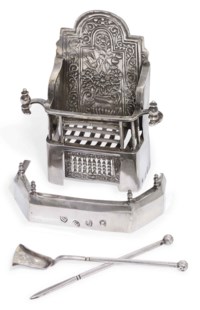 A RARE QUEEN ANNE SILVER MINIATURE TOY FIRE-GRATE AND FENDER