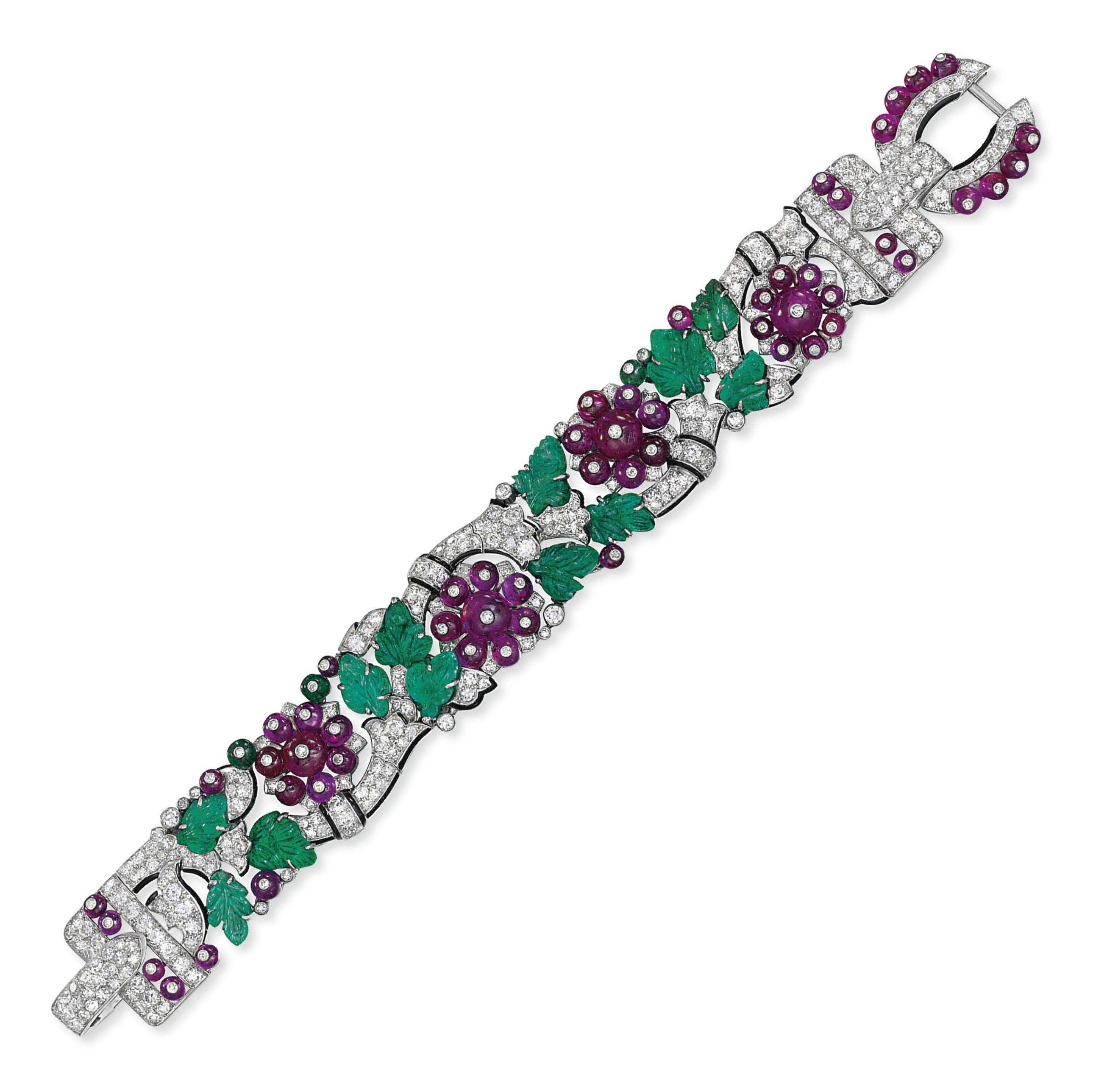 An exceptional Art Deco ‘Tutti Frutti’ bracelet, by Cartier. Sold for £1,150,050 on 8 June 2011 at Christie’s in London. Tutti Frutti creations by Cartier are directly inspired by the intricate Mughal carving and craftsmanship found throughout India from the 16th century onwards