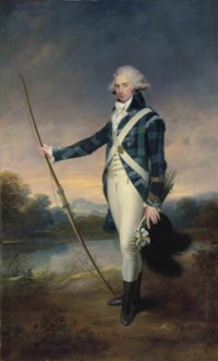 Portrait of George Douglas, 16th Earl of Morton, K.T. (1761-1827), full-length, holding a bow, in the dress of the Royal Company of Archers, holding a longbow and a black-plumed white cockaded cap, in Holyrood Park, with Duddingston Loch and Edinburgh Castle beyond