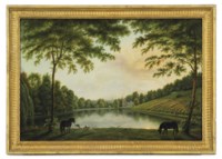 A view of Lord Hamilton's Landscape Garden at Painshill, Surrey, from the east end of the Lake with the Vineyard and ruined Abbey
