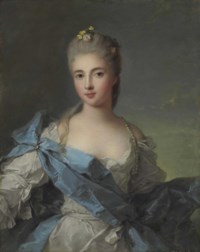 Portrait of a Lady, previously identified as the Duchesse de la Rochefoucauld, half-length, in a blue and white satin dress