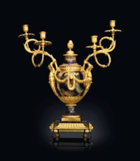 A GEORGE III ORMOLU AND TORTOISESHELL-MOUNTED BLUEJOHN 'KING'S' CANDELABRUM
