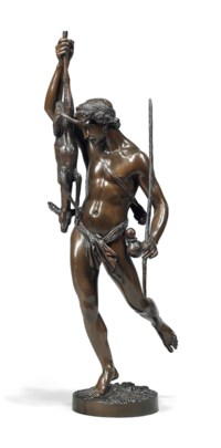 A FRENCH BRONZE FIGURE OF A CLASSICAL HUNTSMAN AND A FAWN, 'LA CHASSE'