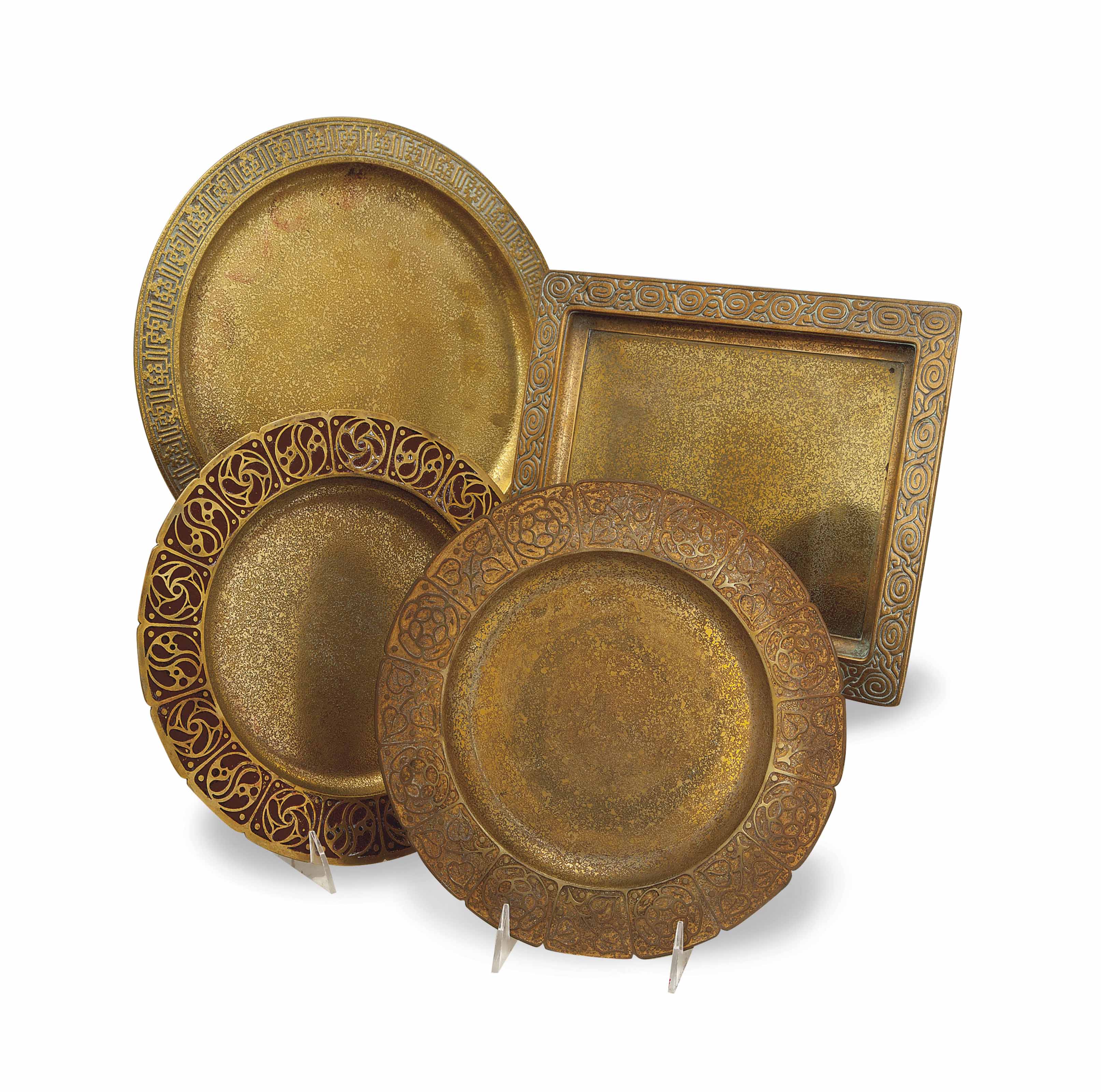 THREE AMERICAN PATINATED AND GILT BRONZE DISHES, , BY TIFFANY STUDIOS
