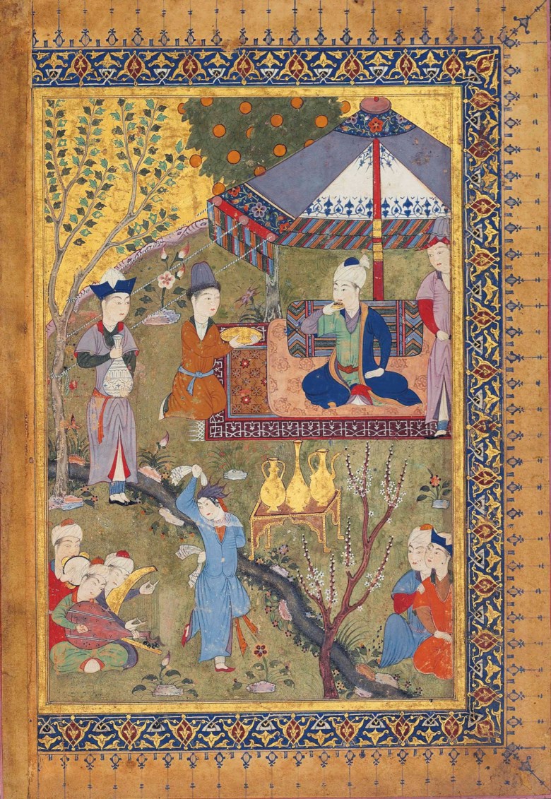 The Court of Pir Bbudaq, Shiraz, Iran circa 1455-60. Painting 7 x 4⅝ in (17.5 x 11.6 cm); folio 15⅜ x 13⅛ in (39 x 34 cm). Sold for £433,875 on 25 April 2013  at Christie’s in London