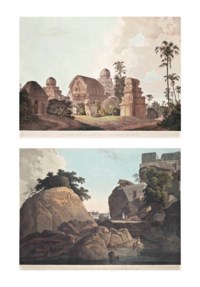 Sculptured Rocks, at Mavalipuram, on the Coast of Coromandel; The Entrance of an Excavated Hindoo Temple, at Mavalipuram; An Excavated Temple on the Island of Salsette; The Portico of an Excavated Temple on the Island of Salsette; An Hindoo Temple, at Deo, in Bahar; Part of the Interior of an Hindoo Temple, at Deo, in Bahar; The Entrance to the Elephanta Cave; Part of the Interior of the Elephanta; S.W. View of the Fakeers Rock in the River Ganges, near Sultaungunge; S.E. View of the Fakeers Rock in the River Ganges, near Sultaungunge; Part of the Kanaree Caves, Salsette; and The Interior of an Excavated Hindoo Temple, on the Island of Salsette (Abbey Travel 420, pls. 52-63)