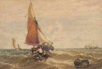 Fishermen hauling in the catch in a stiff breeze