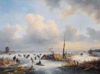 A winter landscape with figures skating near a koek-and-zopie