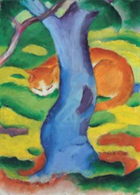 Kinderbild (Katze hinter einem Baum)
