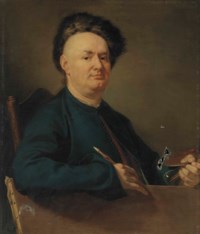 Portrait of Joseph van Aken (1709-1749), half-length, in a blue jacket and a fur hat, holding a palette, his right arm resting on a canvas