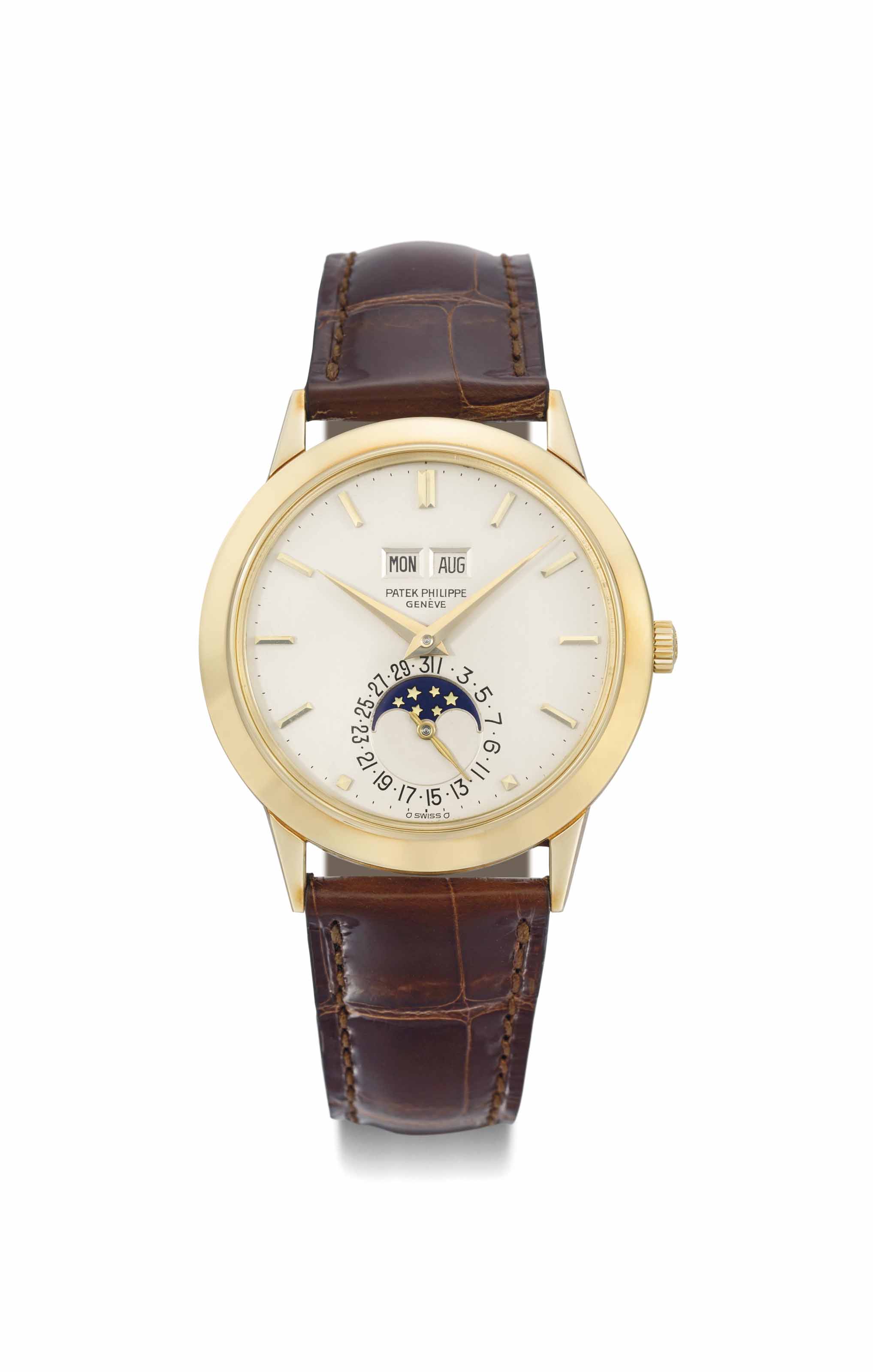 Patek Philippe. A very fine, extremely rare and historically important 18K gold automatic perpetual calendar wristwatch with moon phases, Signed Patek Philippe, Gen&egrave;ve, ref. 3450, movement no. 1'119'586, case no. 2'788'611, manufactured in 1981. 37.5  mm  diam. Sold for CHF 287,000 on 12 May 2014  at Christie&rsquo;s in Geneva