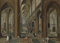 The interior of the Cathedral of Our Lady, Antwerp, with mass being celebrated on one of the altars, and other elegant figures conversing