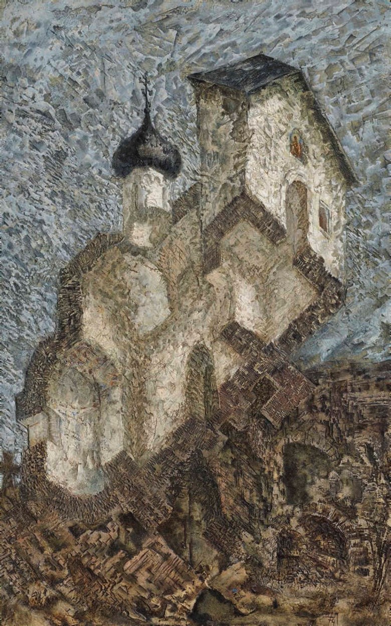 Dmitri Plavinsky (1937-2012), Church. Oil, acrylic and pencil on panel, 33¾ x 21½ in (86 x 54.7 cm). This lot was offered in Russian Art on 5 June 2017 at Christie’s in London and sold for £25,000