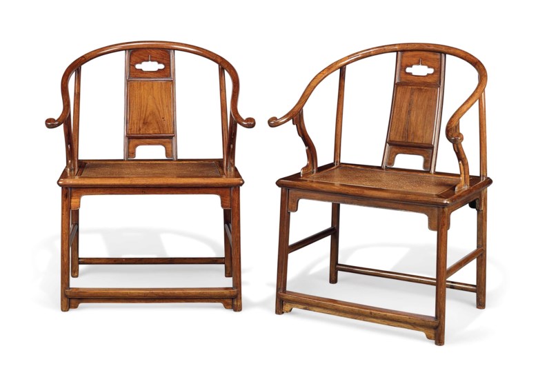 An extremely rare and important pair of huanghuali horseshoe-back armchairs, quanyi, Ming dynasty, 17th century. Each 26¾  in (68  cm) wide, 21  in (53.3  cm) deep, 36  in (91.5  cm) high. Estimate £800,000-1,200,000. This lot is offered in Fine Chinese Ceramics & Works of Art on 7 November 2017  at Christie’s in London