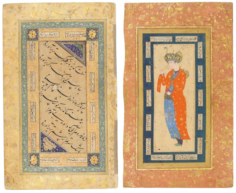 Nasta’liq calligraphy and a Safavid prince smelling a flower, the calligraphy signed Shah Mahmud Nishapuri, Safavid Iran, 16th century; the painting Safavid Iran, late 16thearly 17th century. Painting 6⅝ x 2½ in (16.8 x 6.5 cm); calligraphy 6¾ x 2⅞ in (17.2 x 7.2 cm); folio 11⅜ x 6⅞ in (29 x 17.6 cm). This lot was offered in Art of the Islamic and Indian Worlds Including