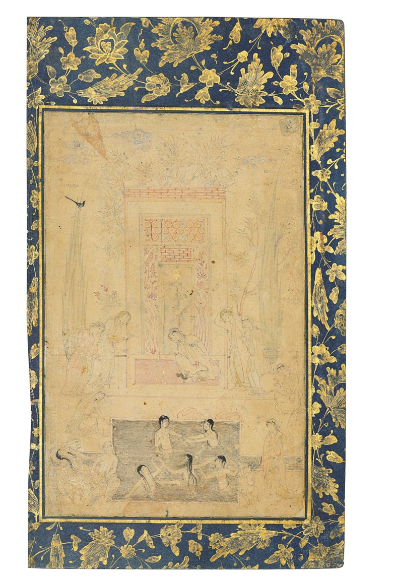 A Nasta’liq quatrain and hammam scene, the calligraphy signed Muhammad Mohsin al-Katib al-Harawi, Iran, 16th century; the painting in the style of Muhammadi, Safavid Herat, circa 1590. Painting 8¼ x 5⅜ in (21.2 x 13.6 cm); calligraphy 5¼ x 2⅝ in (13.2 x 6.7 cm); folio 11⅜ x 6⅞ in (29 x 17.6 cm). This lot was offered in Art of the Islamic and Indian Worlds Including Oriental