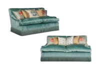 A PAIR OF ENGLISH SEA GREEN VELVET TWO-SEAT SOFAS
