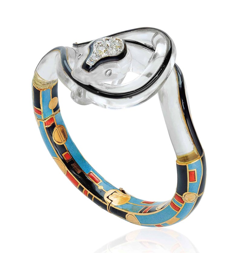 An Art Deco rock crystal, diamond and enamel bracelet, by Janesich. Sold for CHF 35,000 on 13 November 2017 at Christie’s in Geneva