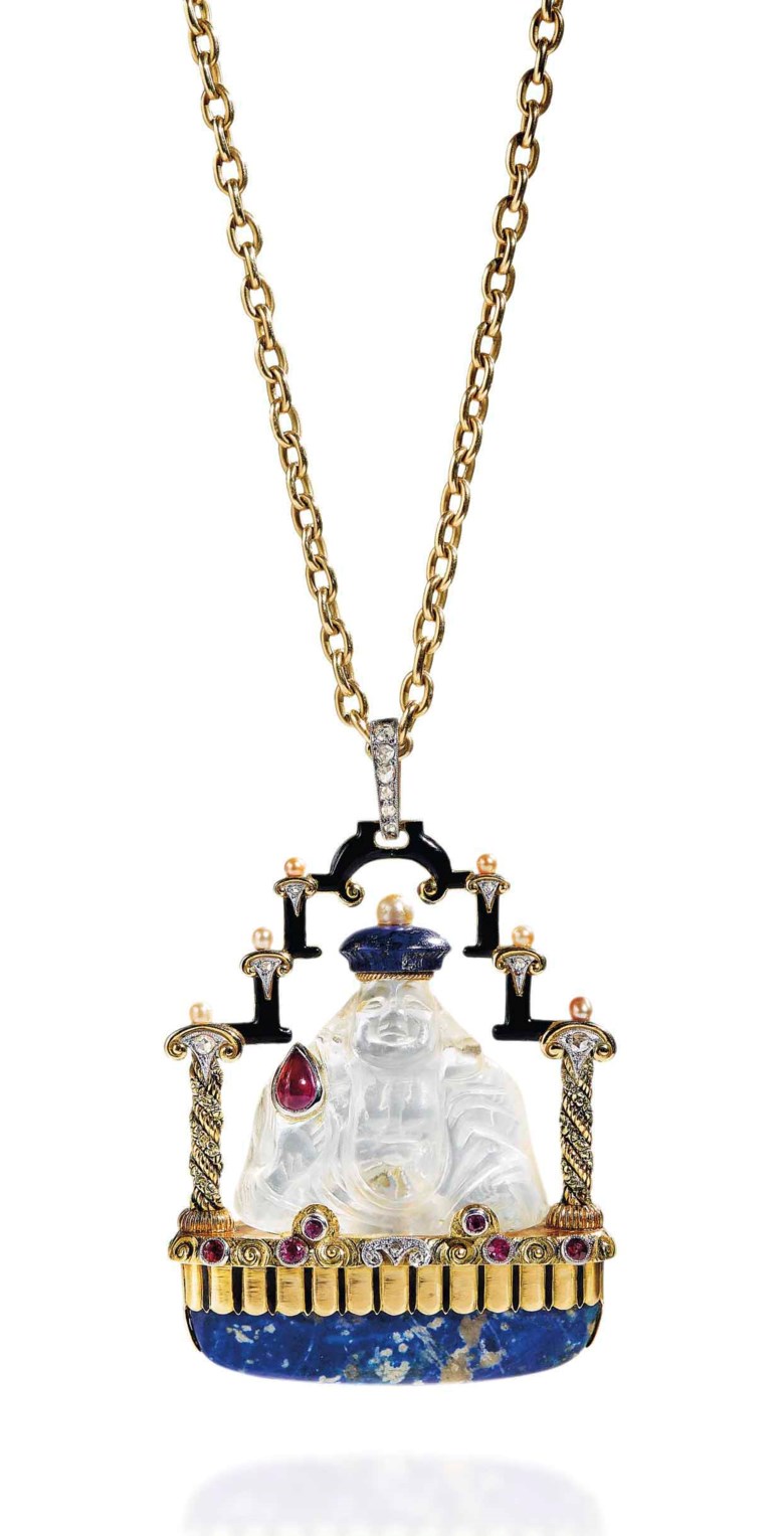 A sodalite, rock crystal, ruby, diamond and synthetic ruby pendant necklace. Sold for CHF 16,250 on 13 November 2017 at Christie’s in Geneva