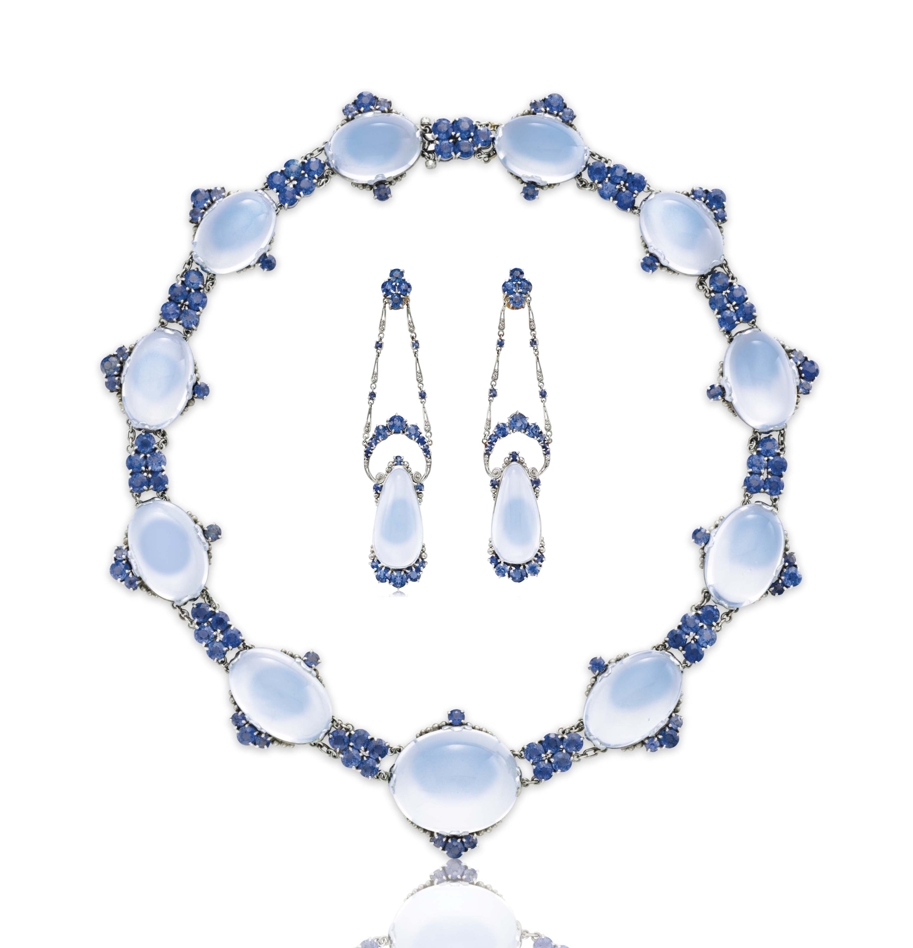 AN IMPRESSIVE SET OF MOONSTONE AND SAPPHIRE JEWELRY, BY LOUIS COMFORT TIFFANY, TIFFANY & CO