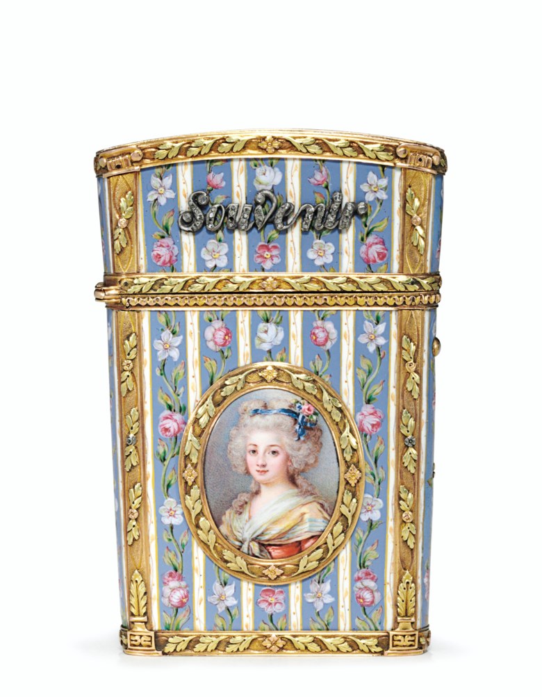 A Louis XVI-style jewelled enamelled vari-colour gold carnet-de-bal, Continental, circa 1830, struck with marks resembling the Parisian charge mark of Eloy Brichard and a date letter for 1756. 3⅜  in (86  mm) high. This lot was offered in French & English Furniture from a Distinguished Private Collection on 24 October 2017  at Christie’s in New York and sold for $2,500