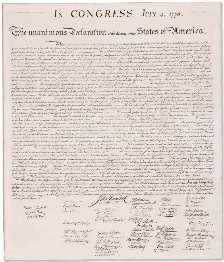 Declaration of Independence In Congress, July 4, 1776. The Unanimous Declaration of the Thirteen United States of America. Washington W. I. Stone for the Department of State, 4 July 1823. Estimate $400,000-600,000. This lot is offered in Fine Printed Books and Manuscripts Including Americana on 5 December 2017  at Christie’s in New York