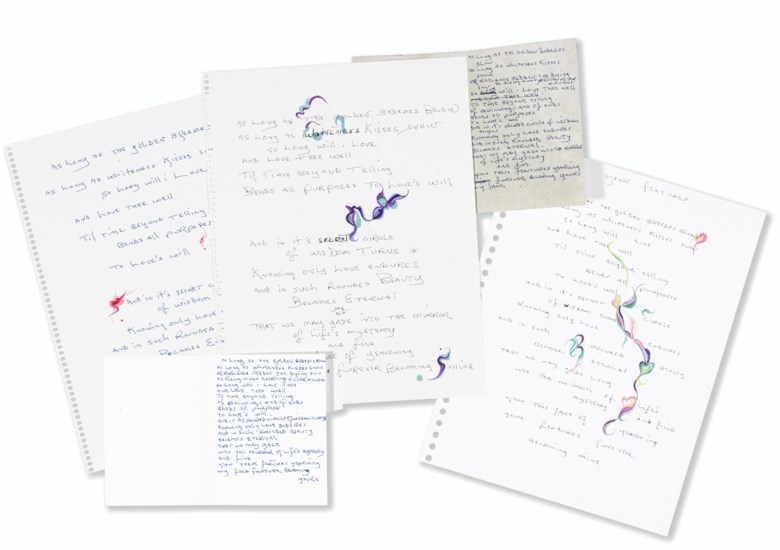 Dylan, Bob (b. 1941), and Rogerson, Margie (b. 1947). Five autograph manuscript versions of the poem ‘Your Features’ in Dylan’s hand, three of these collaborative works illuminated with original drawings by Rogerson, circa 2001. Estimate $8,000-12,000. This lot is offered in Fine Printed Books and Manuscripts Including Americana on 5 December 2017  at Christie’s in New York