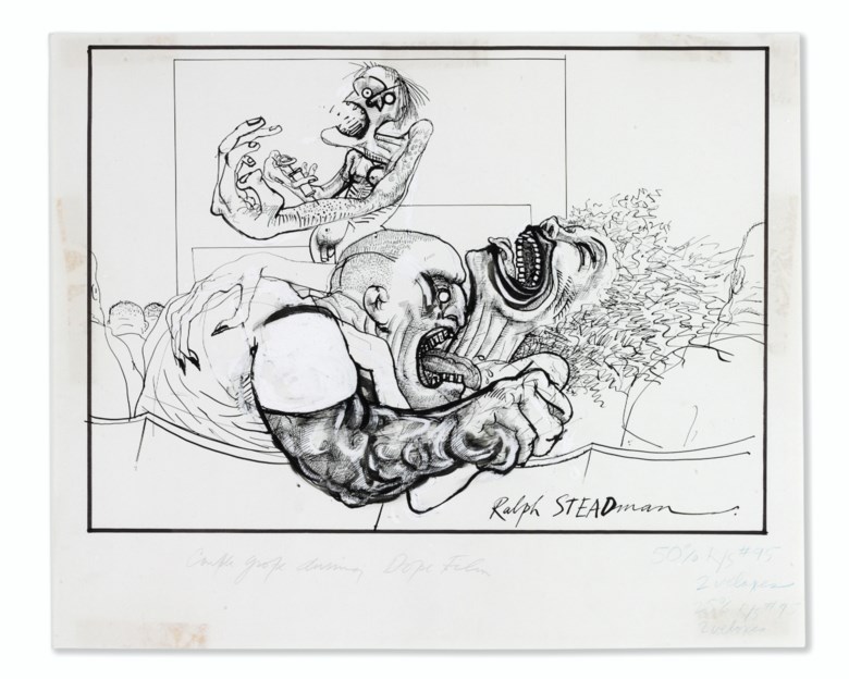 Ralph Steadman (b. 1936), The Audience, 1971. Pen and ink drawing (490 x 250 mm) on strong paper (545 x 443 mm). Estimate $30,000-50,000. This lot is offered in Fine Printed Books and Manuscripts including Americana on 5 December at Christie’s in New York