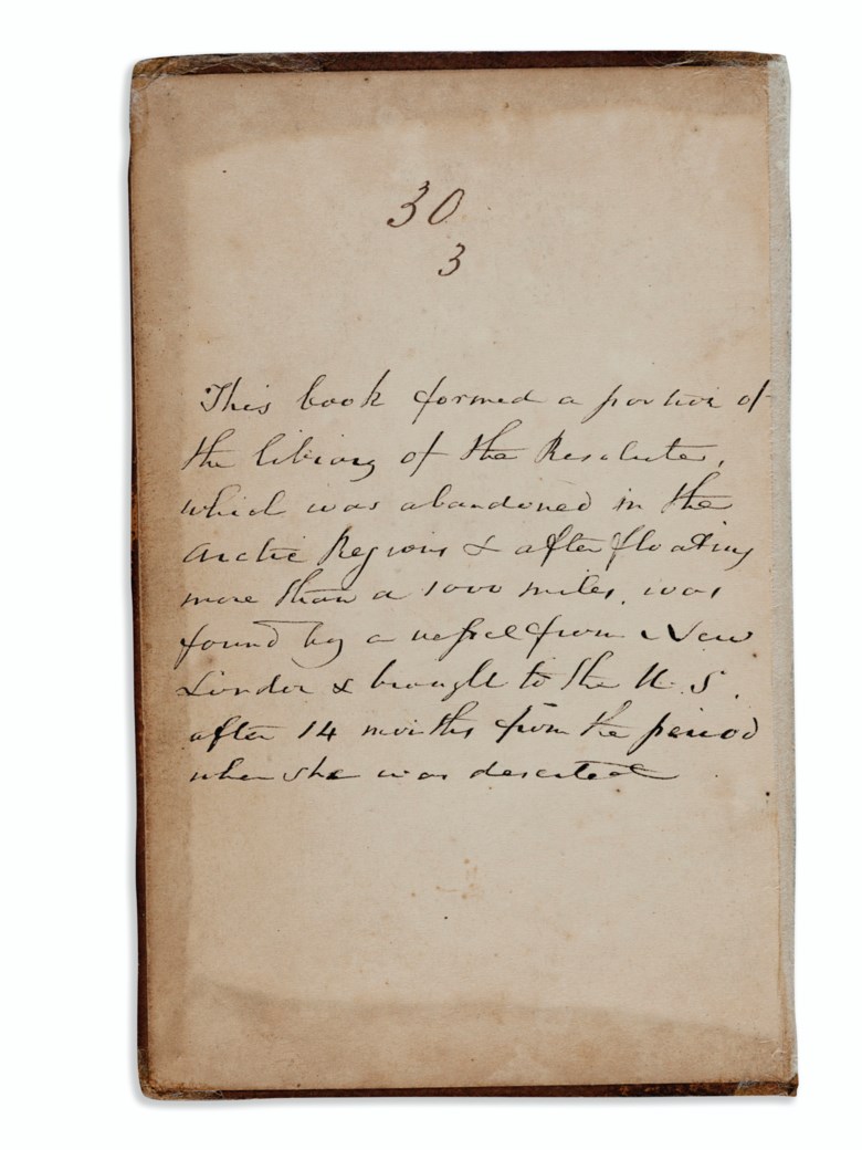 Belcher Expedition. Voyages in the Arctic Seas, from 1821 to 1825, for the Discovery of a Northwest Passage, a volume from the ships library of the Resolute. Estimate $2,000-3,000. This lot is offered in Russian America & Polar Exploration Highlights from the Martin Greene Library on 7 December 2017  at Christie’s in New York