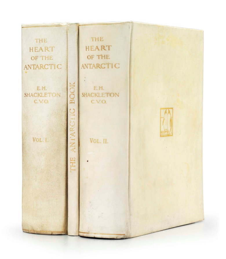 Ernest H. Shackleton (1874-1922), The Heart of the Antarctic. Being the Story of the British Antarctic Expedition 1907-1909, 1909. The deluxe first edition, signed by all members of the shore party. Estimate $12,000-18,000. This lot is offered in Russian America & Polar Exploration Highlights from the Martin Greene Library on 7 December 2017  at Christie’s in New York