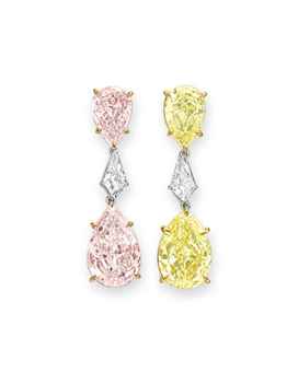 A PAIR OF COLORED DIAMOND EAR PENDANTS Lot 118 Christie's Magnificent Jewels April 2013 fancy yellow diamonds, pink diamonds, christies magnificent jewels, jewelry auction