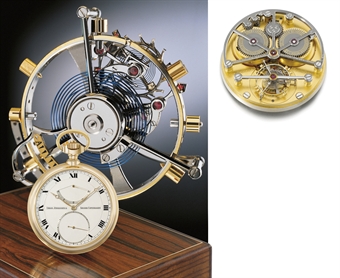 Urban Jürgensen. An extraordinary and unique 18K pink gold openface twin barrel one minute tourbillon with carriage-mounted remontoire, constant force escapement, jumping dead beat seconds and power reserve 