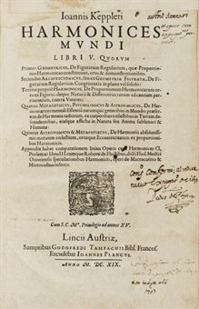 KEPLER, Johannes (1571-1630). Harmonices mundi libri V. Linz: Johannes Plank for Gottfried Tampach, 1619. 2° (296 x 190mm). First state of general title with printer's device and without text beginning 'Accessit nunc...', dedication to King James I of England (*2r-*4r) later suppressed by Kepler and absent from some copies. 5 engraved plates, numerous woodcut text diagrams and illustrations after Wilhelm Schickard, woodcut musical notation in Book III. (Lacks quire C, old repairs to title, heavy ink erasures to dedication leaves creating holes in *3-4, plates browned and slightly waterstained, some browning of text and persistent light waterstain at upper margin.) Contemporary vellum with yapp edges, spine titled and dated in manuscript, red edges (bowed, stains to rear cover, ties lacking). Provenance: Pedro de Faycon (with note dated 1707 stating that the erasures conform with the Papal Index of 1640).