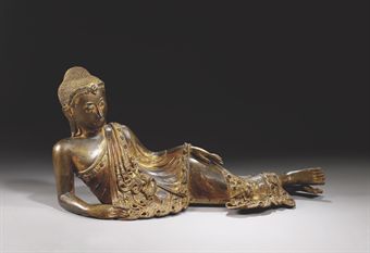 STATUE DE BOUDDHA SHAKYAMUNI COUCHE EN BRONZE LAQUE 