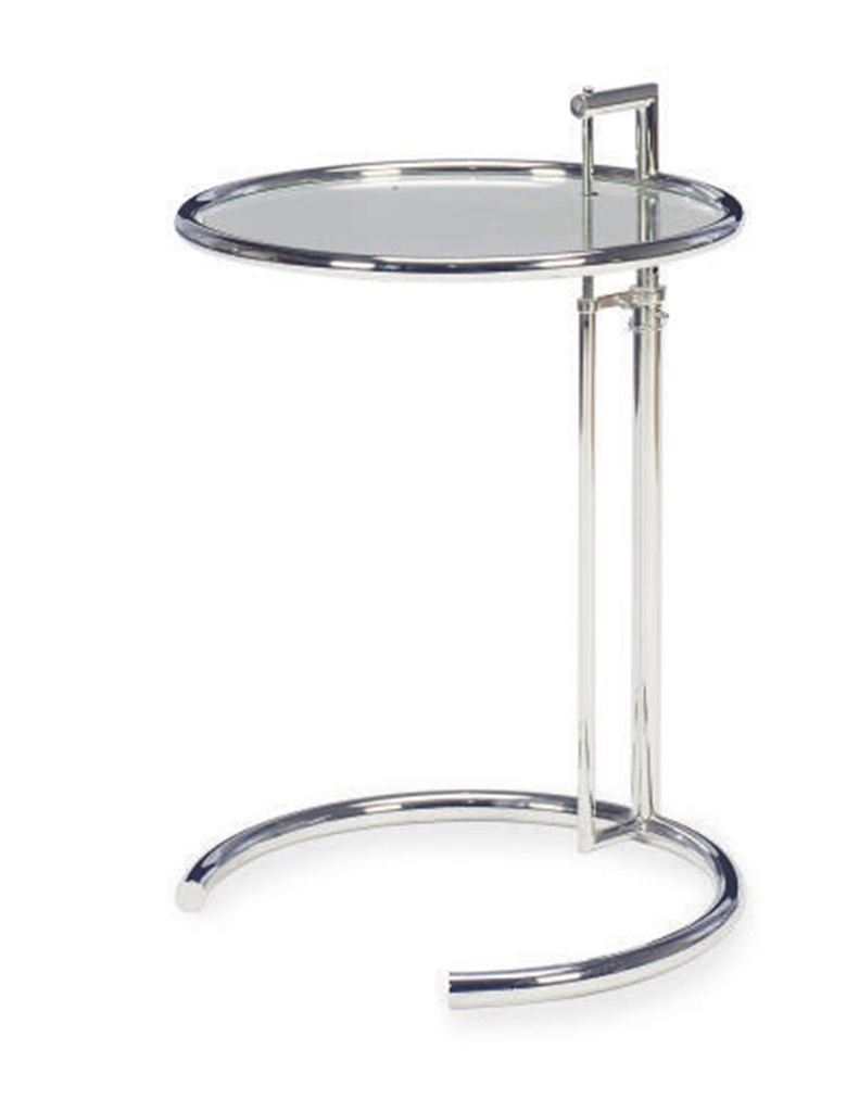A CONTEMPORARY 'E1027' CHROME AND GLASS ADJUSTABLE CIRCULAR SIDE TABLE