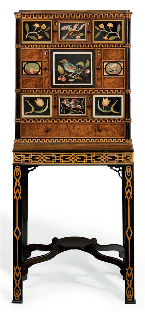 AN EARLY GEORGE III PIETRA DURA-MOUNTED YEW AND EBONIZED CAB...