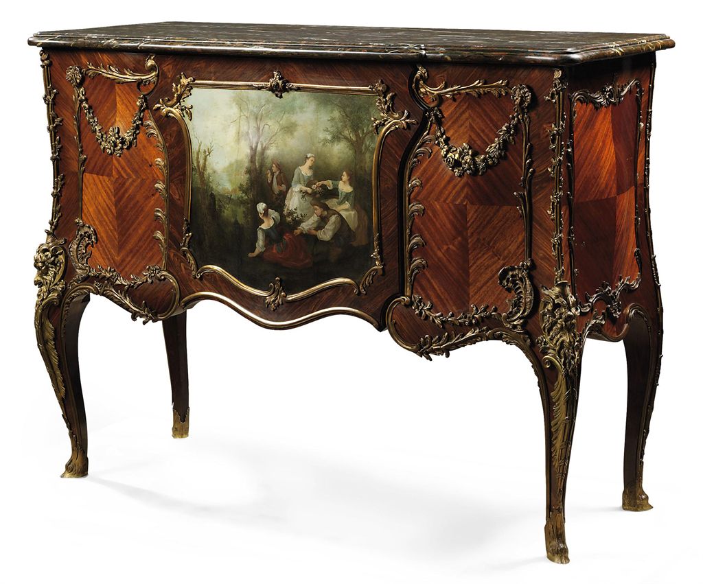 FRENCH ORMOLUMOUNTED KINGWOOD, BOIS SATINE AND VERNIS MARTIN COMMODE ~ Vernis Bois Rouge FRENCH ORMOLUMOUNTED KINGWOOD, BOIS SATINE AND VERNIS MARTIN COMMODE ~ Vernis Bois Rouge