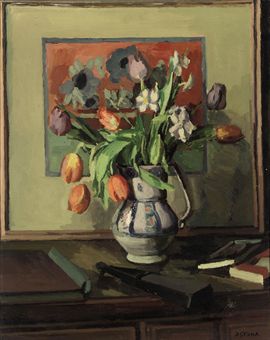 Still life with tulips and narcissi in a jug  