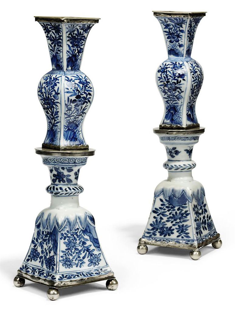A PAIR OF CHINESE BLUE AND WHITE PORCELAIN CANDLE STICKS , KANGXI