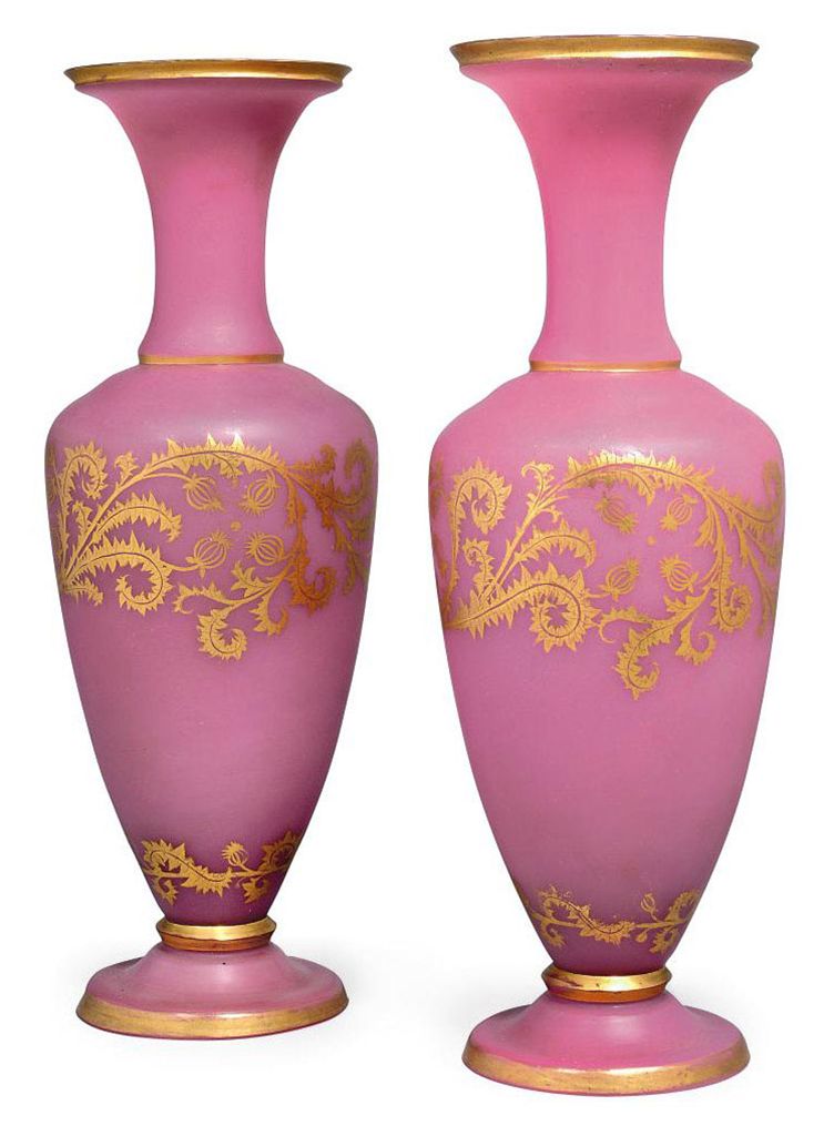 A PAIR OF CONTINENTAL PINK OPALINE GLASS VASES , MID 19TH CENTURY