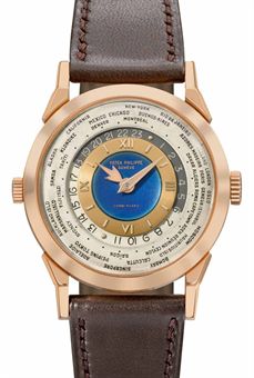 Patek Philippe. An exceptionally rare and highly important 18K pink gold two crown world time wristwatch with 24 hour indication and blue enamel dial 