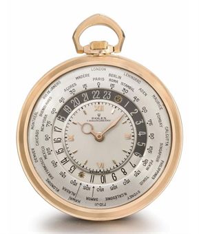 Rolex. A very fine and rare 18K pink gold openface keyless lever world time watch with original pouch 