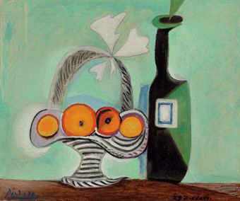 Nature morte. Corbeille de fruits et bouteille  