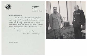 CHURCHILL, Winston S. Typed draft latter signed (Winston S. Churchill) to Josef Stalin (1879-1953), Moscow, 15 October 1944. 1 page, 4to, on Prime Minister's stationery.